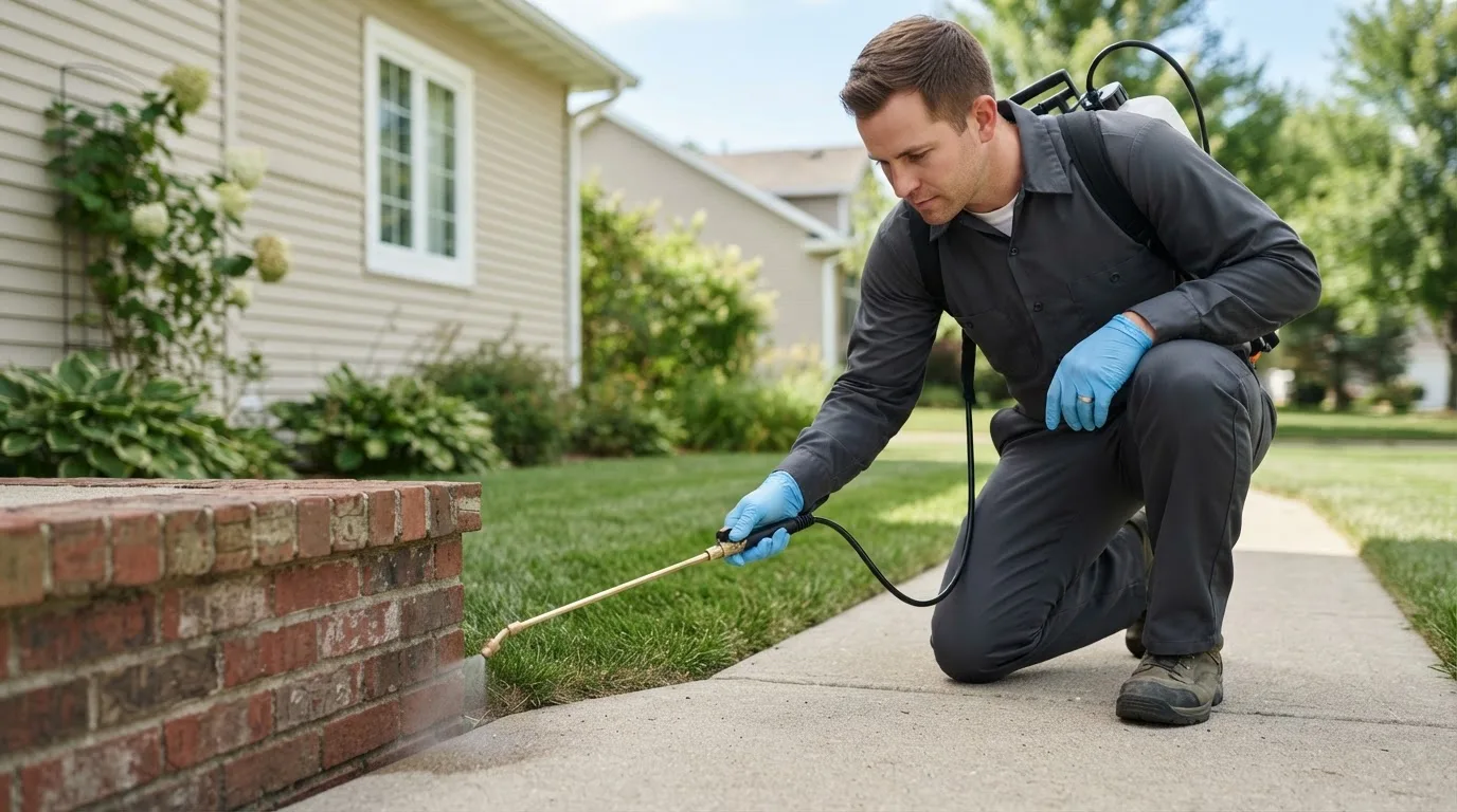 Pest control technician treating a home near May, OK